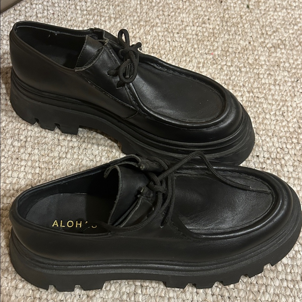 ALOHAS Tycoon Platform Leather Lace Up Lug Sole Loafers Chunky Black Size 41